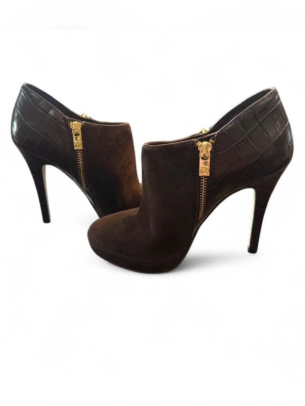 Michael Kors Brown Suede Croc Embossed Gold Zip Booties 5